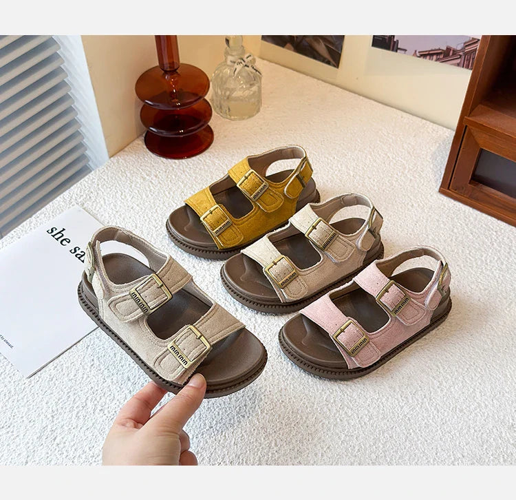 Kids Suede Strappy Sandals for Boys Girls 2025 Summer Toddler Beach Barefoot Shoes Non-slip Versatile Comfort Casual Sandals Ins