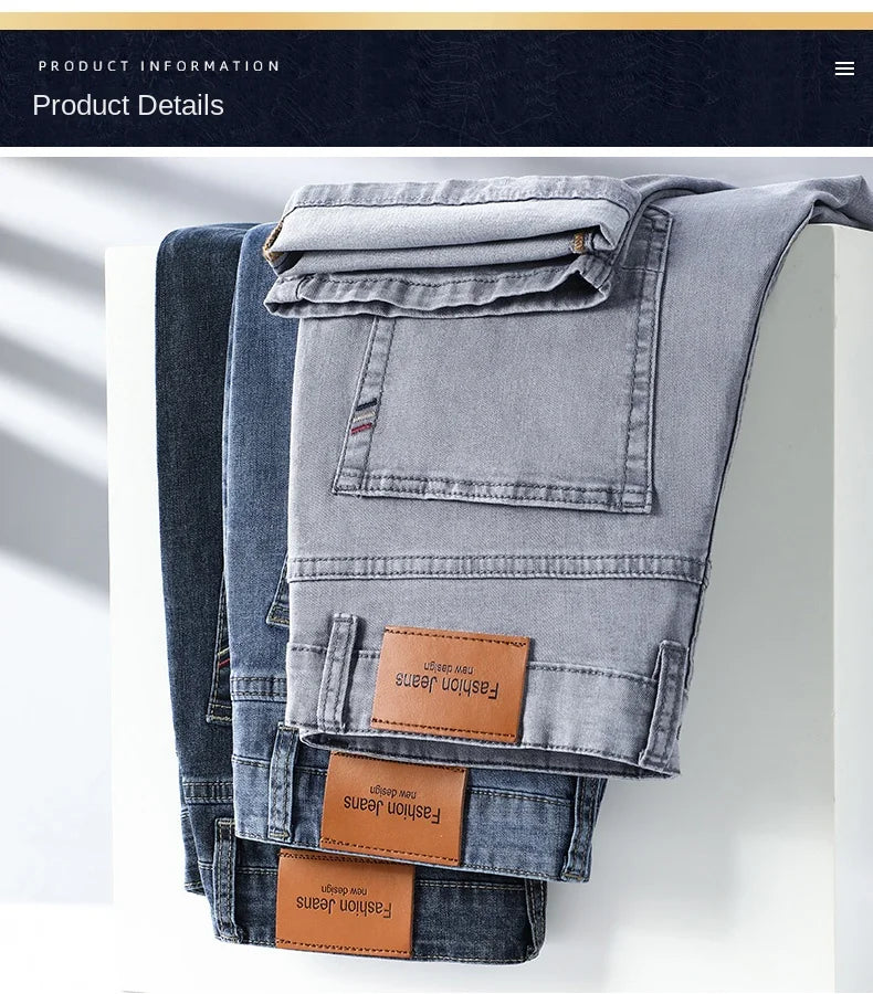 2026 Brand Thin or Thick Material Straight Cotton Stretch Denim Men's  Business Casual High Waist Light Grey Blue Jeans