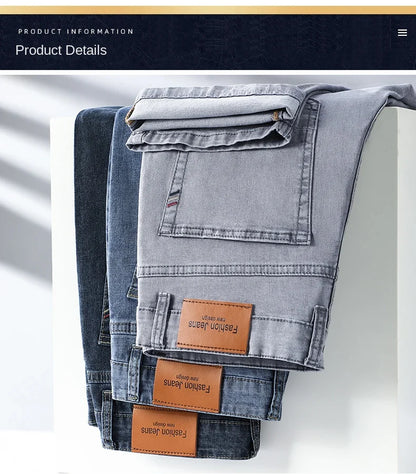 2026 Brand Thin or Thick Material Straight Cotton Stretch Denim Men's  Business Casual High Waist Light Grey Blue Jeans