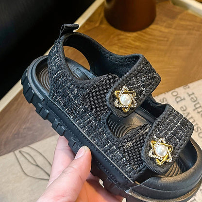 2025 Nice Straw Children Sandals New Arrivals Girls Appliques Metal Decos Sandals for Kids Girl Anti-kick Toe Beach Shoes I03242