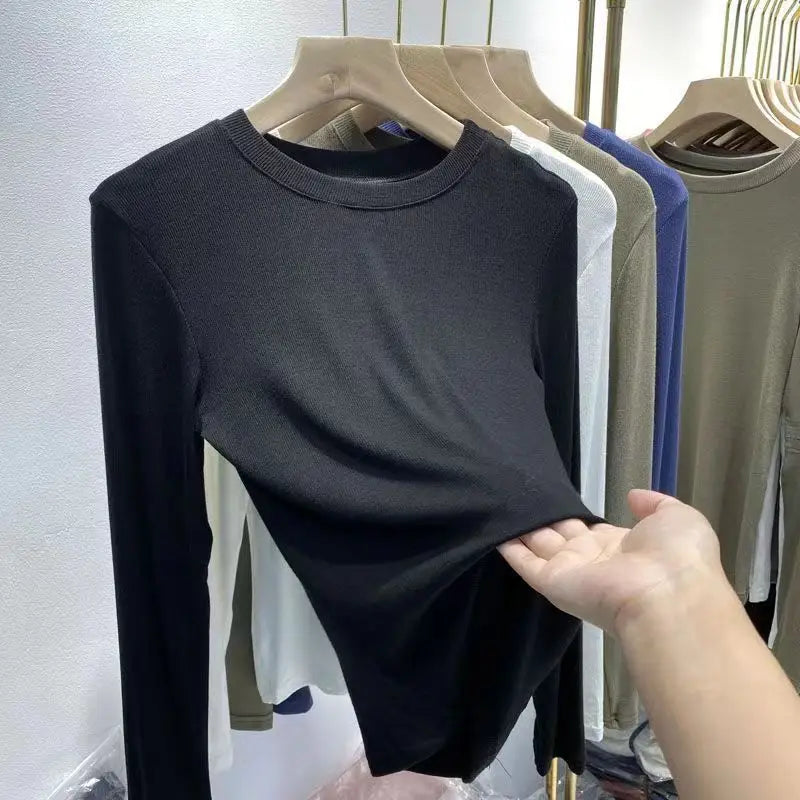 Outono Escritório Senhora Básica Gola Redonda Slim T-Shirt Feminina Cor Sólida Multicor Tendência Versátil Casual Top Manga Longa Elástico Canelado