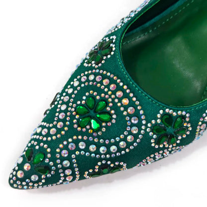2024 Summer New Design Specials Italian Women Shoes and Bag Set in Royal Green Color Comfortable Heels With Rhinestone for Party