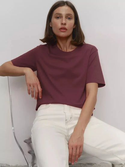 Summer 100% Cotton Women's T-shirt Bottoming Basic Fashionable Lady Short Sleeve Loose Tops Shirts Solid 230g/㎡ Tops