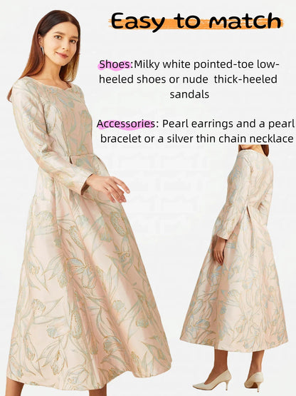 Elegant lady's fitted long-sleeved dress - luxurious and sophisticated party and banquet evening gown, mid-length style