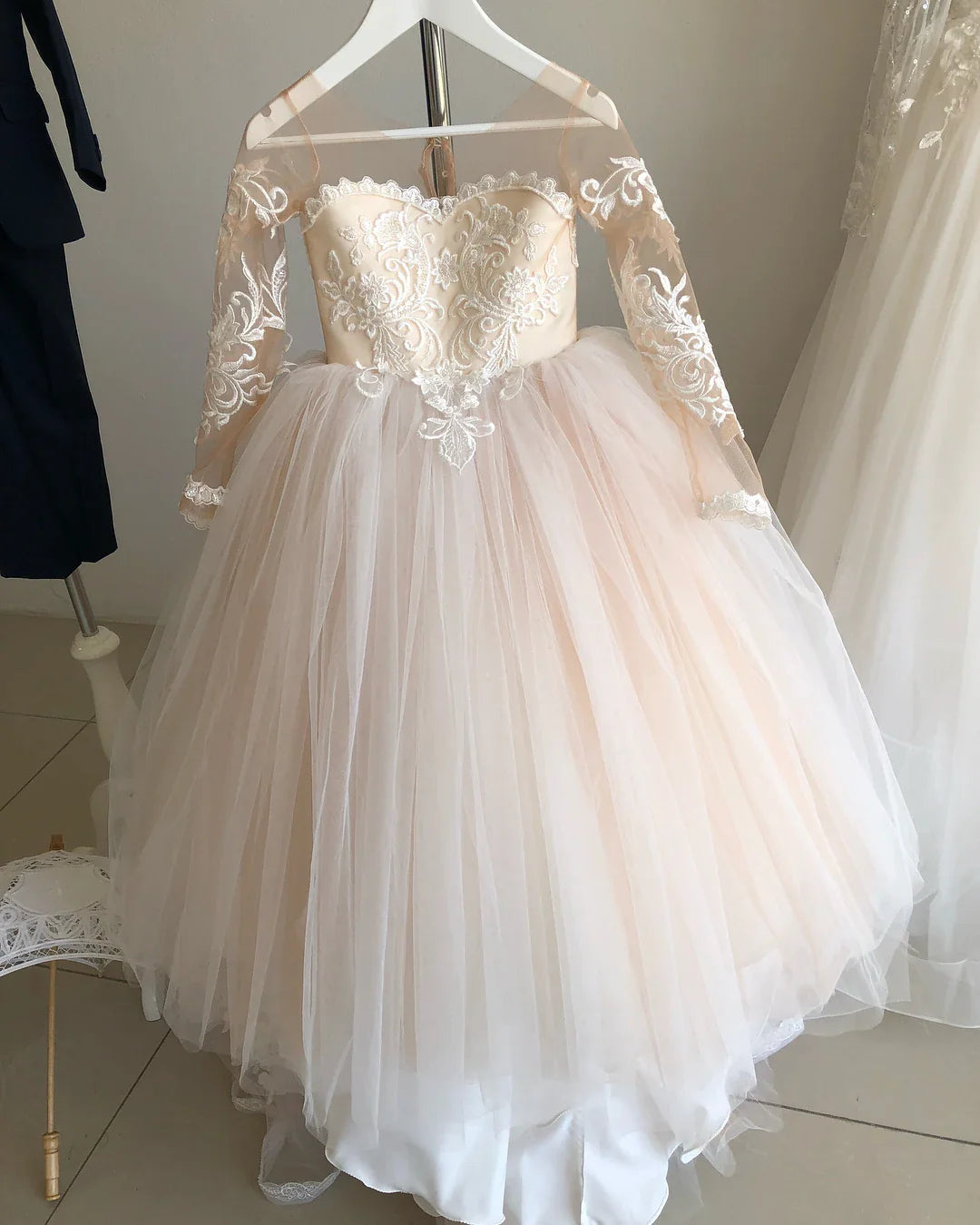 Children's First Communion Ball Gown Wedding Party Bridesmaid Dress Kids 3-9 Years Lace Tulle Flower Girl Dress Up Buttons Bows