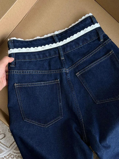 Casual Straight Jeans Streetwear Vintage Blue Lace Spliced Jeans