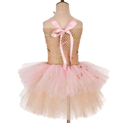 2026 Purim Girls Candy Icecream Dress Handmade Mesh Tutu Dress Childrens Birthday Carnival Party Ball Gown With Icecream Balloon