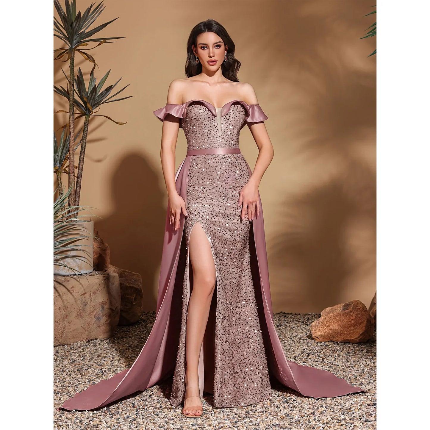 Sequined off-the-shoulder pleated collar satin floor-length dress