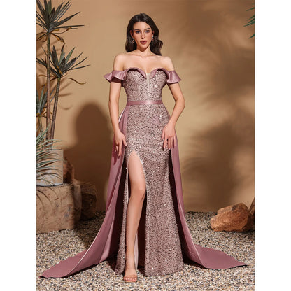 Sequined off-the-shoulder pleated collar satin floor-length dress