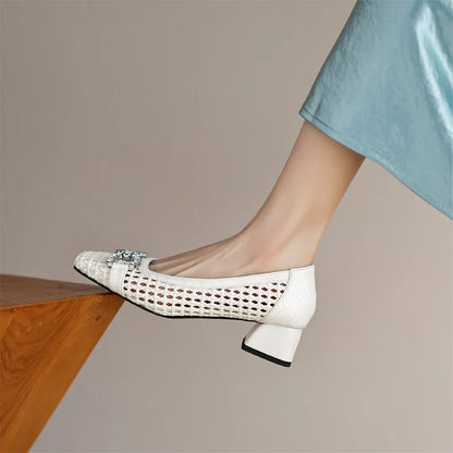 Women's genuine leather braided microfiber patchwork summer breathable pumps crystal buckle 4cm thick med heel daily dress shoes