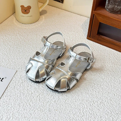 Kids Leather Cage Sandals for Girls 2025 Summer New Toddler Beach Shoes Non-slip Princess Elegant Retro Kid Garden Wedding Flats