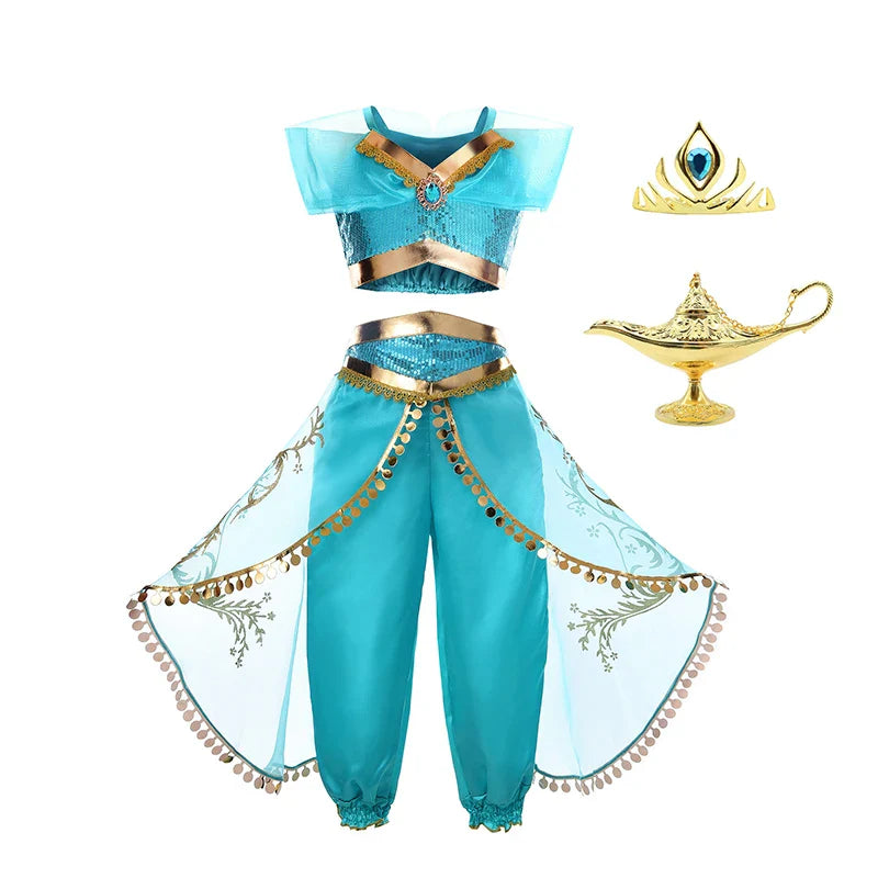 Kids Arabian Princess Dress Girls Halloween Jasmine Costume Children Carnival Cosplay Party Disguise Girl Sequins Pageant Outfit