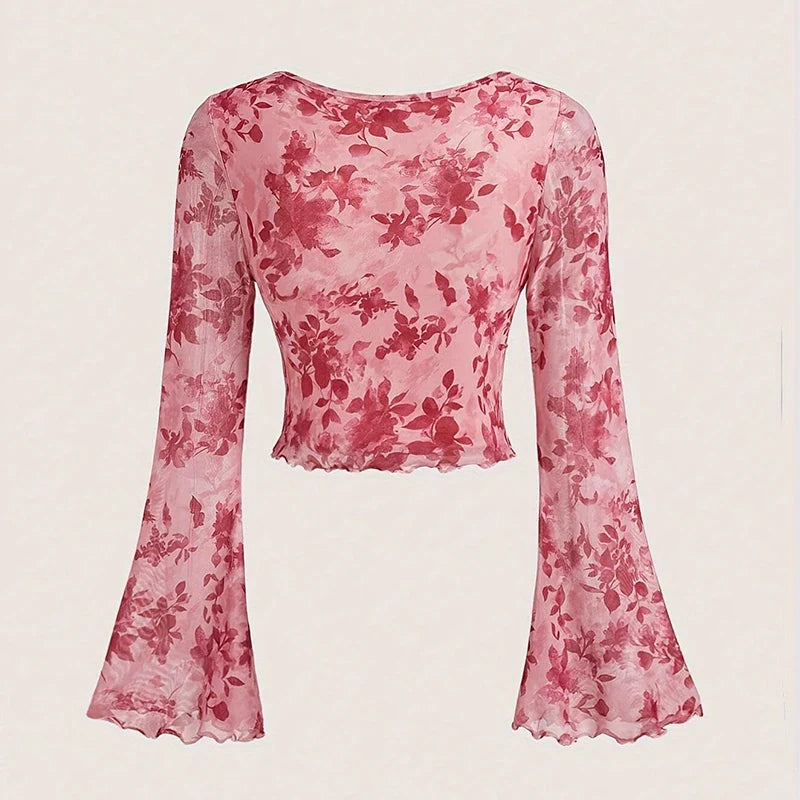 Summer Women's Y2k Floral Printed Sweet V-Neck T-shirts Mesh Beach Party Dress Top Flare Sleeve Square Collar Lace Up Shirt 2025