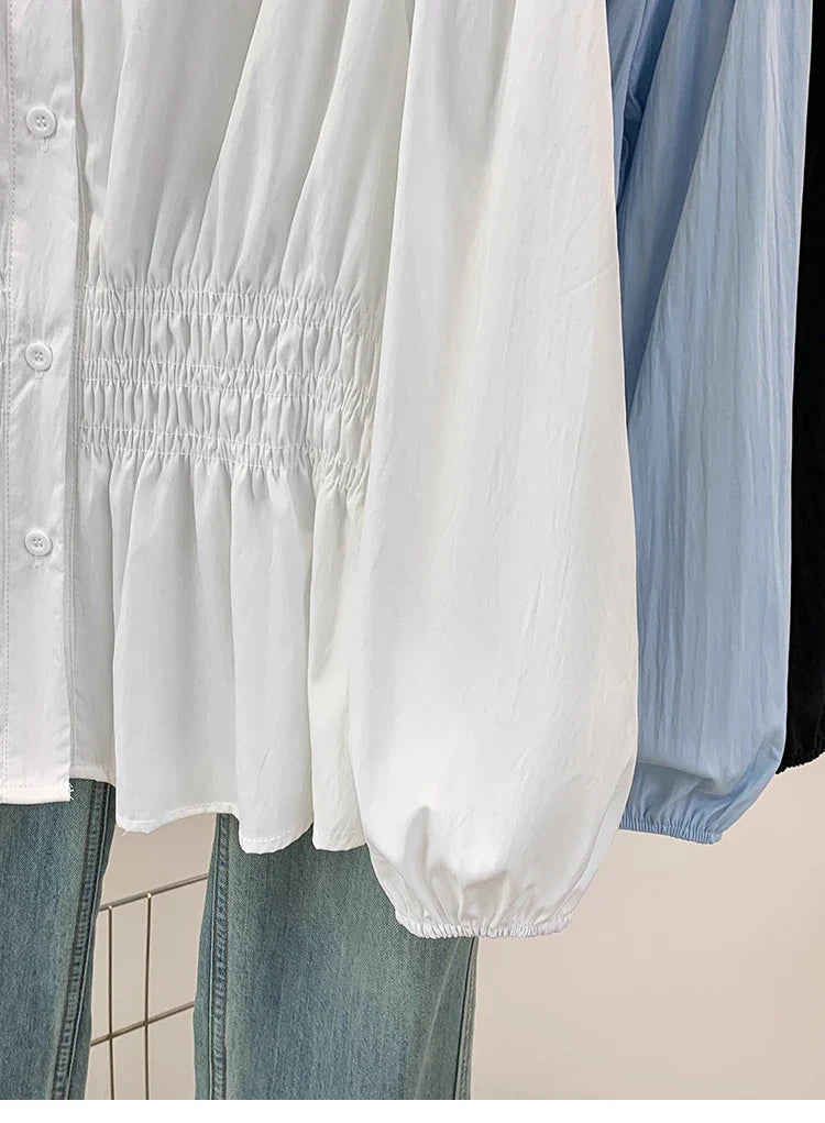 2026 V-neck Long Sleeved Plus Size Shirt Loose Pleated Ruffle Oversized Tops Ladies Chic Elegant Solid Versatile Blouse