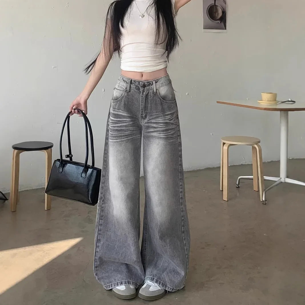 High Waist Wide Leg Grey Washed American Style Jeans