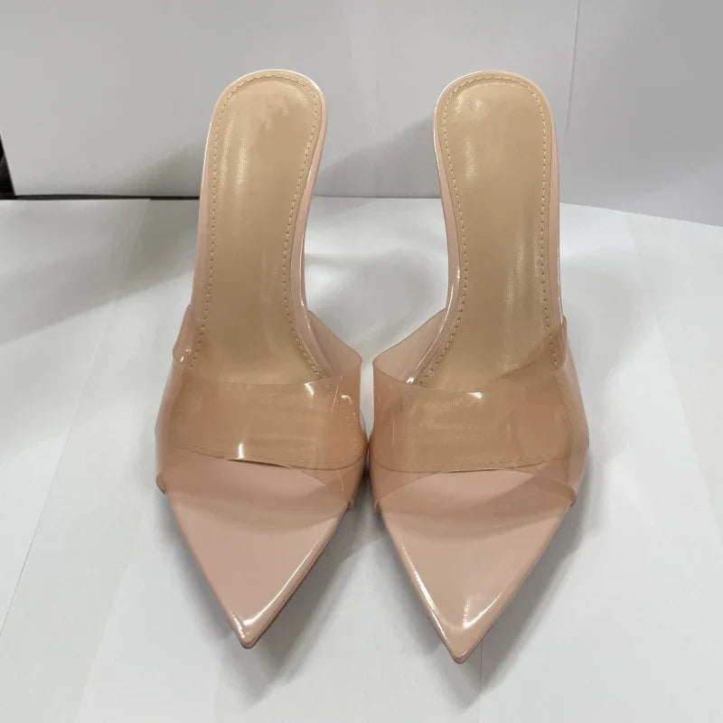Novas Sandálias Femininas de Salto Alto de Verão Simples Transparentes de Salto Alto, Chinelos de Salto Agulha, Bico Fino, Aberto na Frente, Mules