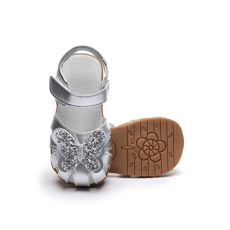 Leather sparkling butterfly Girls flat Sandals closed toe little kids girls summer shoes