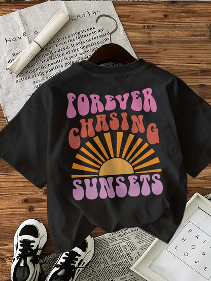 Forever Chasing Sunsets Printed T-Shirts Female Funny T Shirts Korean Fashion Graphic Casual Summer Tops Women Clothing