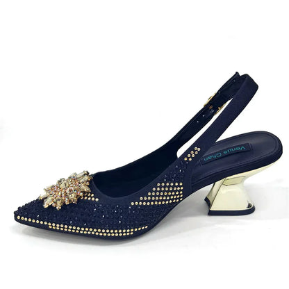 Specials Italian Women Heels Shoes and Bag Set Royal Purple Color Comfortable With Rhinestone for Party
