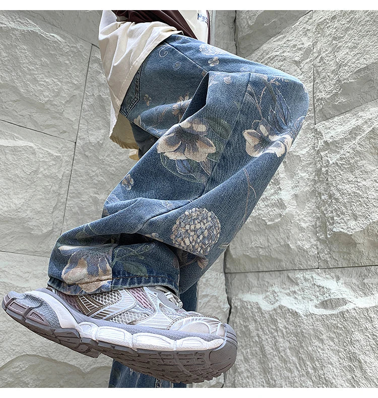 Mens Fashion Printed Jeans 2024 Spring Floral Denim Mopping Trousers Korean Style High Street Loose Hip Hop Wide-leg Jean Pants