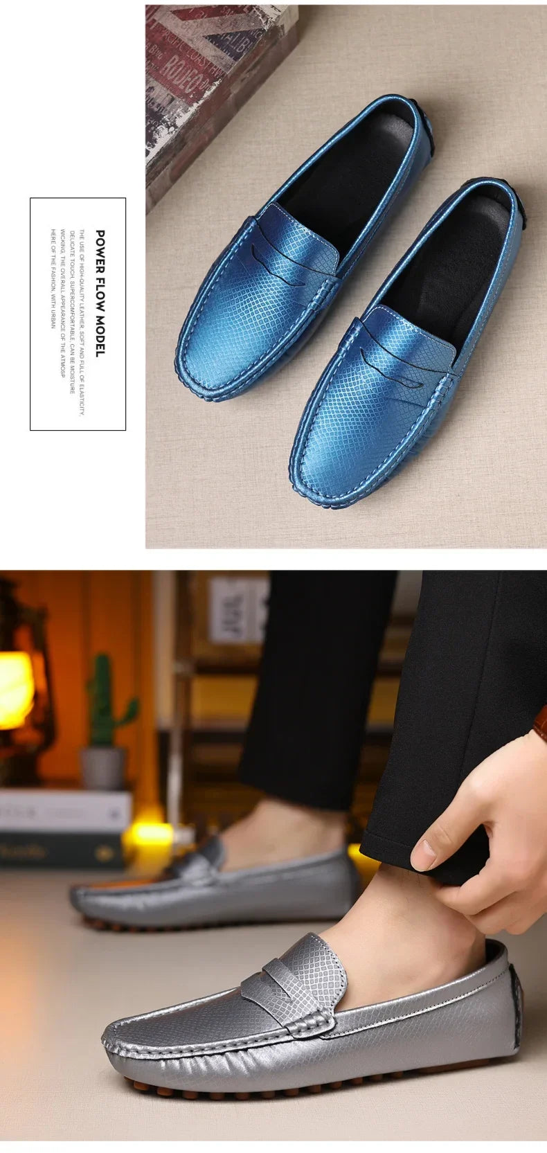 Mocassins Masculinos de Couro Azul de Luxo Moda Casual Confortável para Homens Designer Sapatos Slip-on Planos Masculinos zapatos hombre
