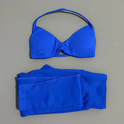2 Piece Sports Set Women Yoga Backless Halter Bra High Waist Scrunch Seamless Pants Sport Suit Gym Sportswear Workout Set