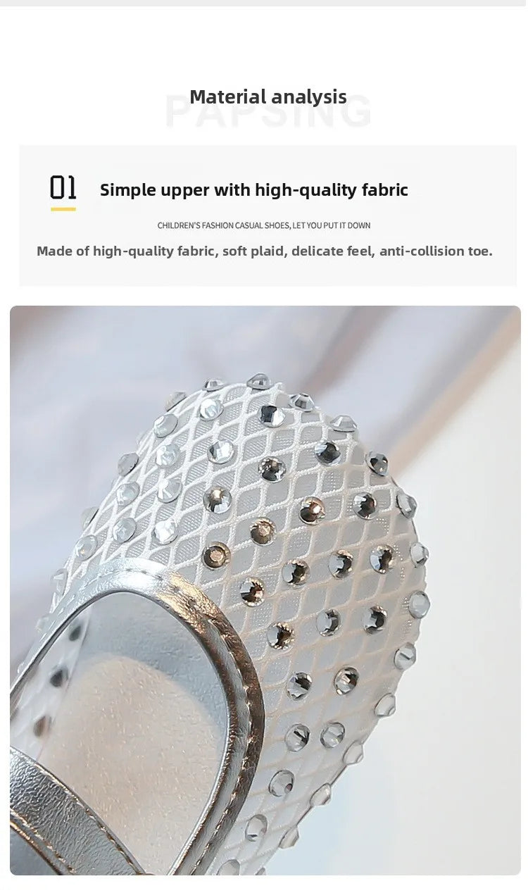2026Summer Girl's Sandals Crystal Air Mesh Biege Sliver Luxury Kids Flat Shoes Beautiful Party Graceful Anti-skid Childern Shoes