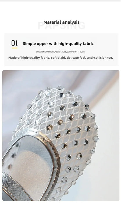 2026Summer Girl's Sandals Crystal Air Mesh Biege Sliver Luxury Kids Flat Shoes Beautiful Party Graceful Anti-skid Childern Shoes