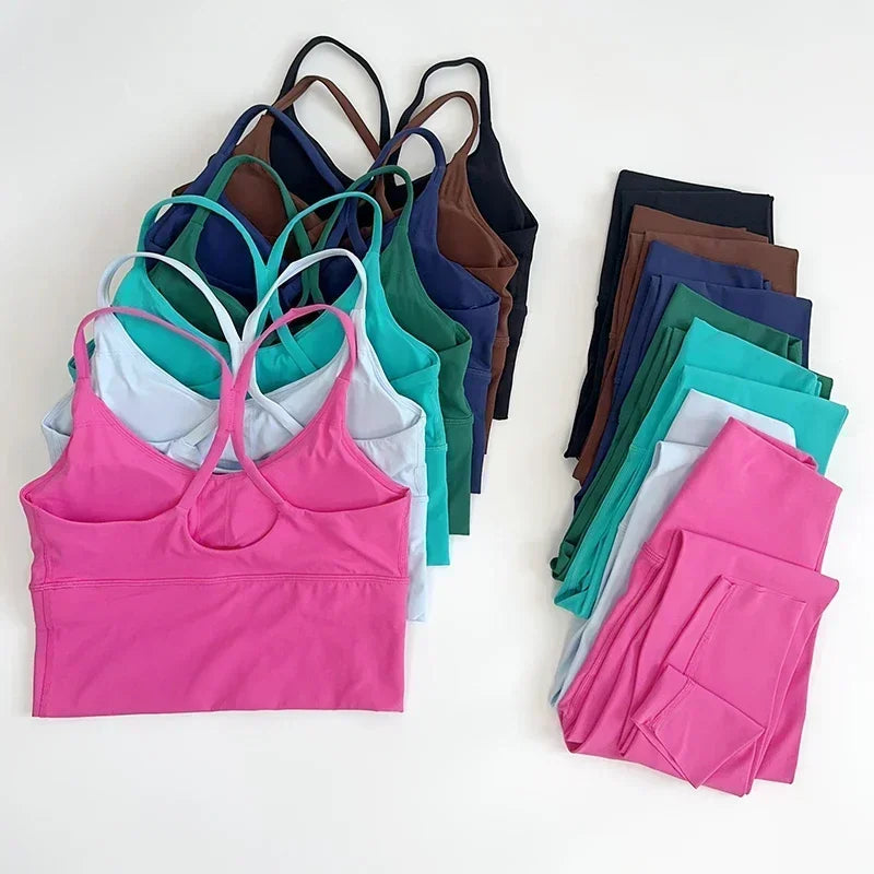 2 Piece Yoga Set Sportswear Fitness Suits Sexy Cross back Yoga Tops Elasticity High Waist Leggings Running Sports Clothing