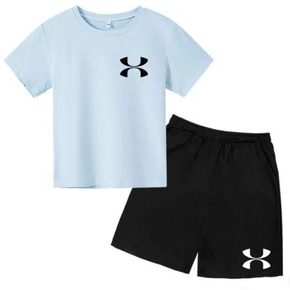 Fashion Two-Piece Casual t-shirt Set Kids  Summer Sports Short-Sleeved Boy Girl 3-13Yrs  T-shirt +Shorts