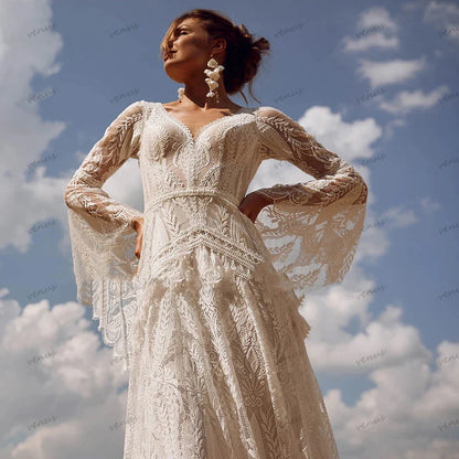 Vintage Wedding Dresses For Women 2024 V-Neck Backless Bridal Gowns Flare Sleeves Lace Robe Vestidos De Novia Customized