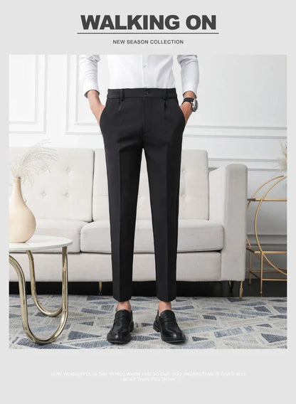 Slim Straight Non-iron Dress Pants Men Business Casual Little Feet Suit Pants Classic Black Apricot Dark Gray Male Trousers