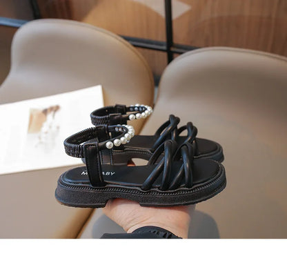 Girl Sandals Summer Children Princess Causal Pearl Beach Shoes Fashion Open-toe Kids Flat Sandals Solid Color Versatile Slip-on