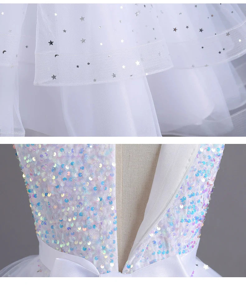 Summer Sequin Lace Tuxedo Wedding Dress for girls 3-13 years old Sleeveless fluffy Mesh gauze Doveark brand