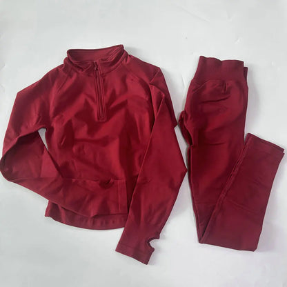 Women 2pcs Yoga Sets Long Sleeve Jacket Sport Top With Half Zip High Waisted Leggings Fitness Suits Seamless Running Workout Set