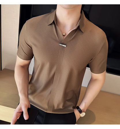 High-Grade Ice Silk Seamless Adhesive Polo Shirt, High-Elastic V-neck Thin Waffle Short-Sleeved Golf Shirt, T-shirt
