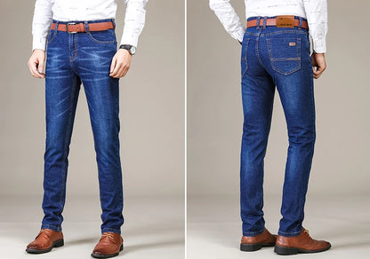 Autumn Classic Men's Fitted Stretch Jeans Business Casual Cotton Denim Straight Leg Pants Male Black Blue Trousers