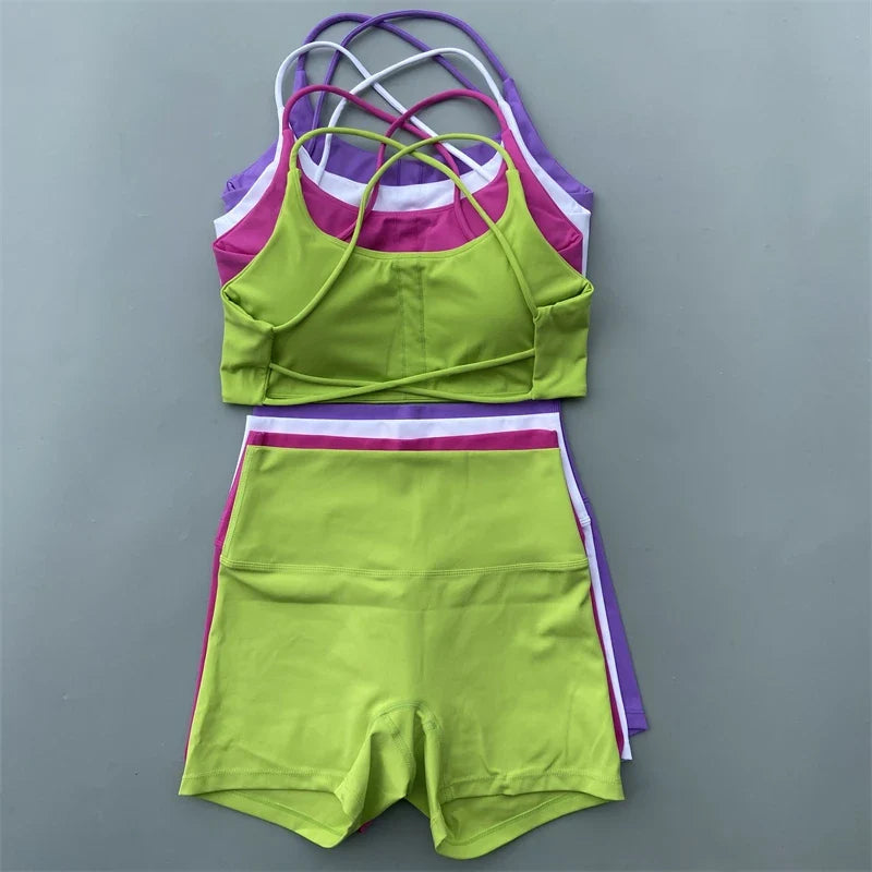 Yoga Shorts Set Gym Two Piece Sports Set Women Workout Outfit Fitness Suit Cross Straps Bra High Waist Shorts Running Tracksuit
