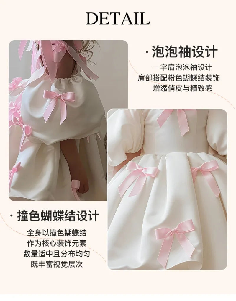 2-8Y Kids Girls Skirt Little Girls Puff-Sleeve Princess Dress Birthday Party Piano Host Performance Dress Belle Ball Gown