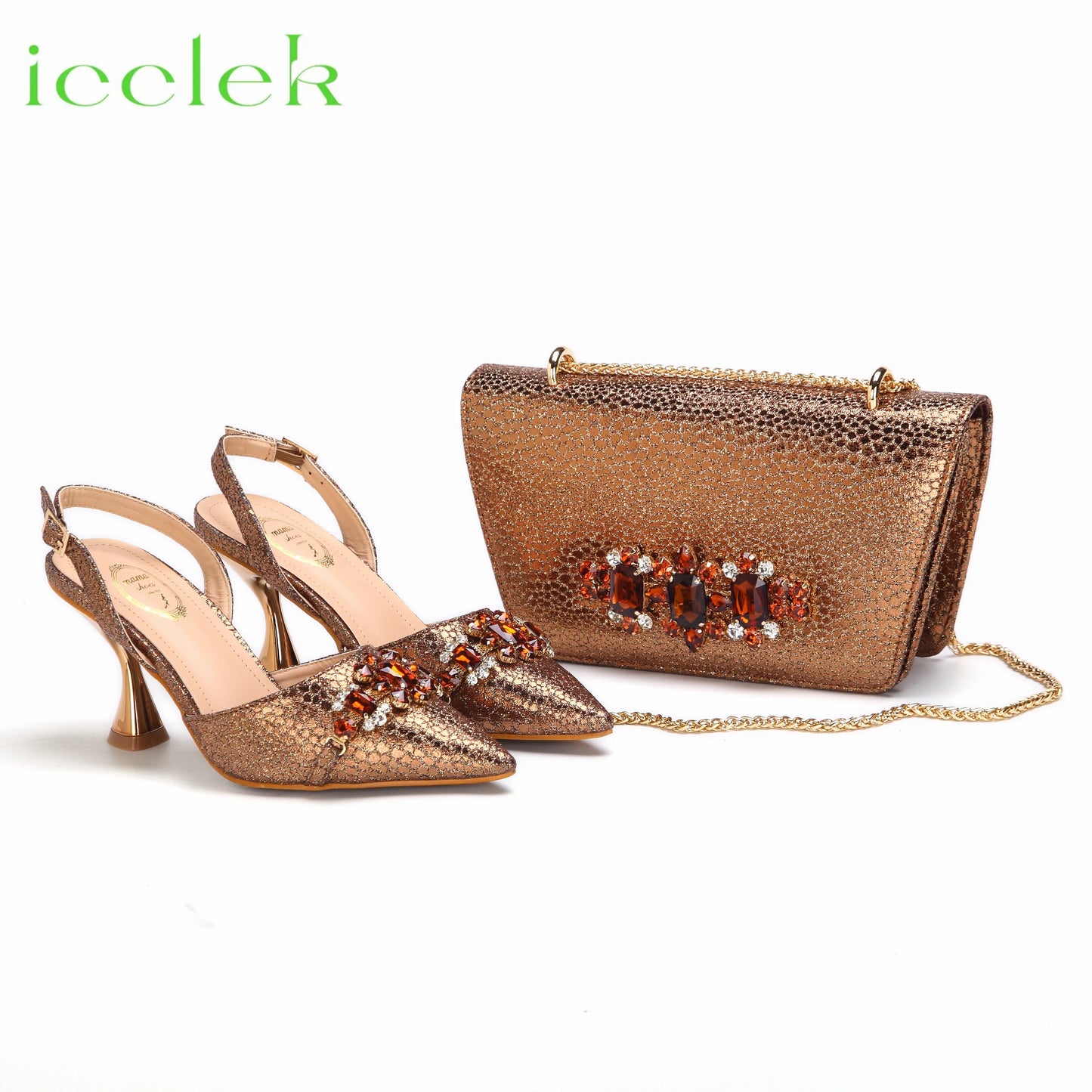 Spot Goods Italian Fashion Women Heels Elegant Orange Color Block Design Brown Shoes And Bag Full Rhinestone Party Bag