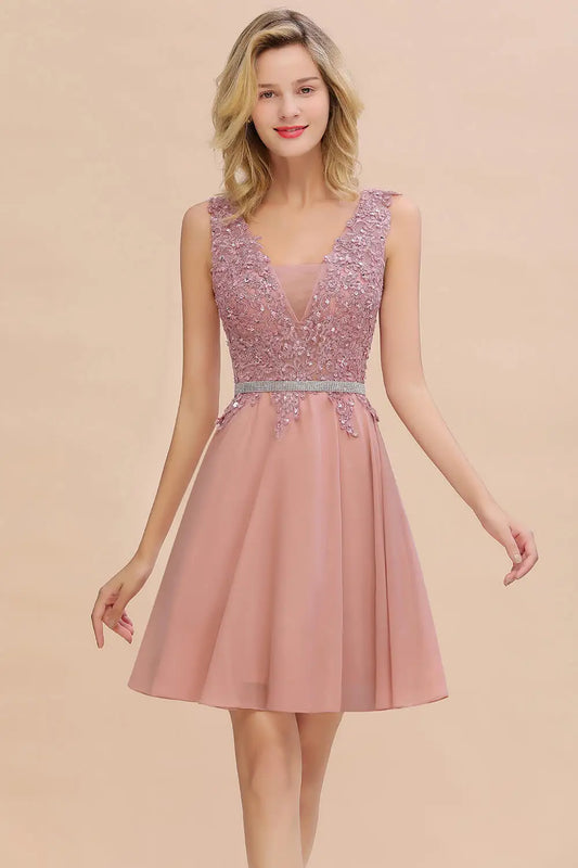 Newest Dusty Pink Sequins Lace Cocktail Dresses With Sashes Sexy V neck A Line Chiffon Short Party Gowns For Prom Evening 2025