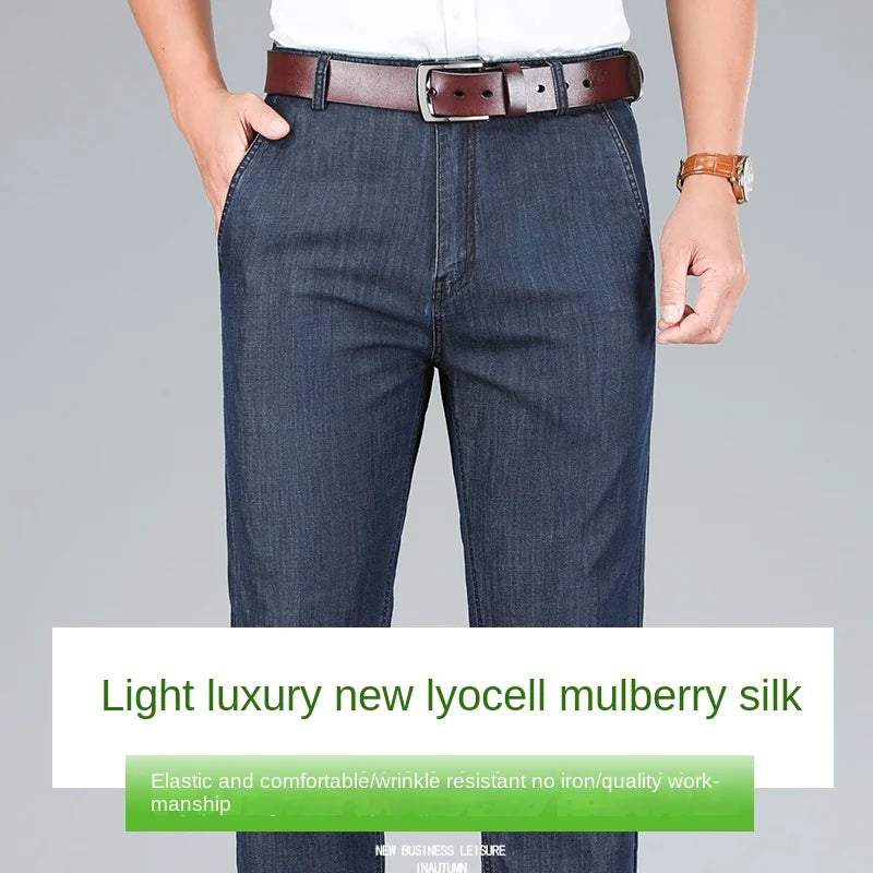 2026 Brand High Lyocell  Men's Fit Straight Lightweight Cotton Stretch Denim Business Casual High Waist Thin Light Grey Jeans