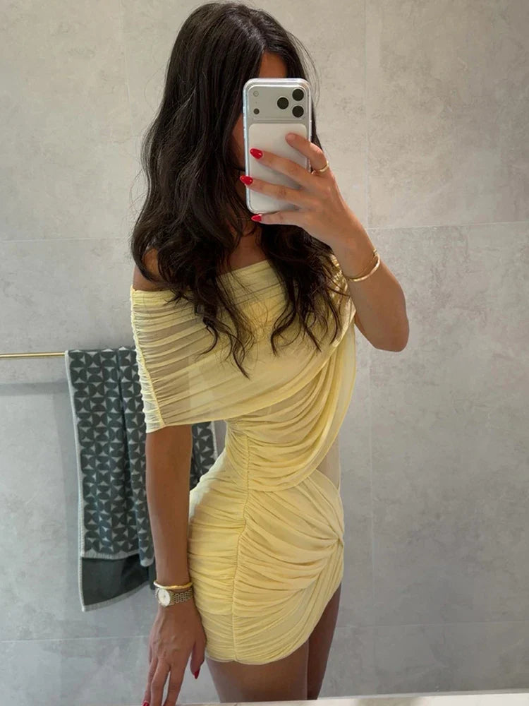 Sexy See Through Mini Dress Woman Slash Neck Backless Skinny Peach Buttocks Hot Girls Midnight Club Party Hipster Bodycon