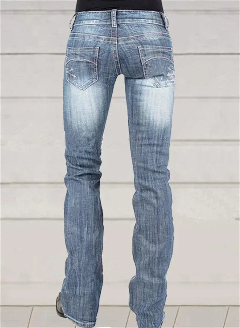 Low-waisted Women Flared Jeans Fashion Vintage Whitish Blue Washable Denim Pants