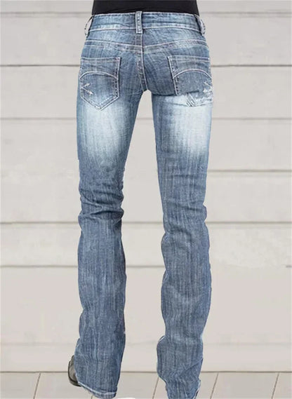 Low-waisted Women Flared Jeans Fashion Vintage Whitish Blue Washable Denim Pants