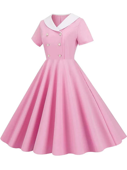 Summer Midi Dress Women Elegant Pink Vintage Party Sundress Casual Peter pan Collar Short Sleeve Dress