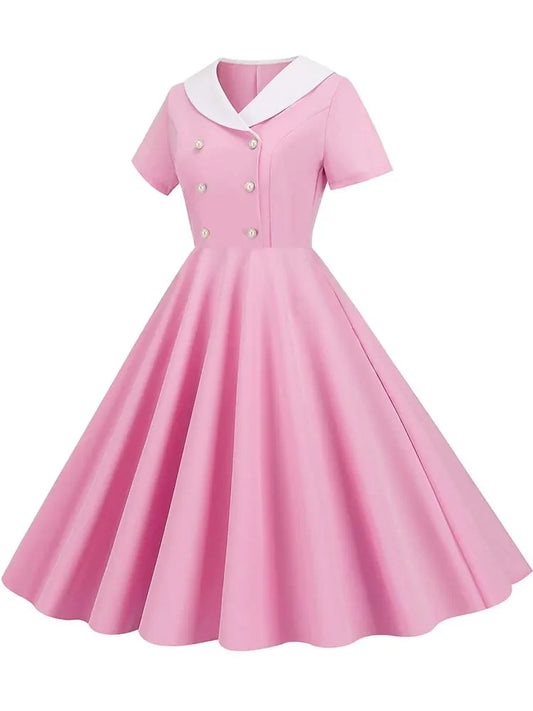 Summer Midi Dress Women Elegant Pink Vintage Party Sundress Casual Peter pan Collar Short Sleeve Dress