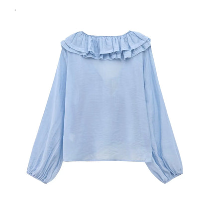 Women Fashion Long Sleeve V Neck Tierred Ruffles Loose Blouse Female Solid Color Casual Shirts Blusas Chic Tops LS6317