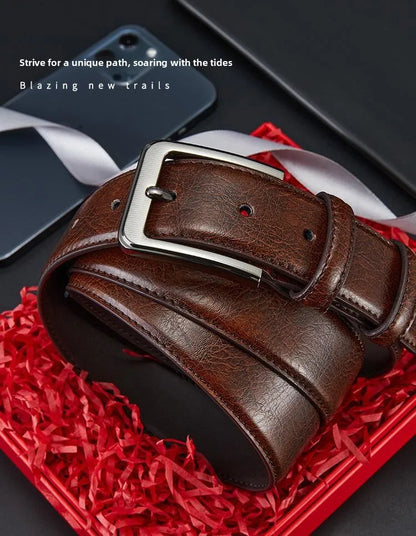 Men's Belt Boys Genuine Leather Belt Pin Buckle Belt Brown Middle-aged Youth Casual Trendy Men's Belt，Ideal for gifting