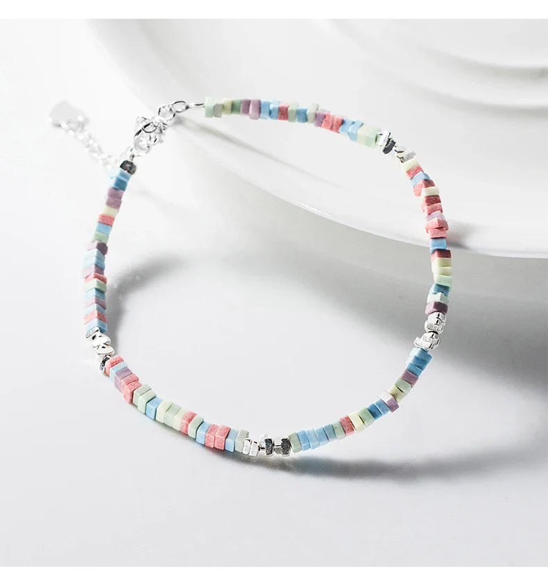 925 Sterling Silver Punk Colorful Square Chain Bracelet Rainbow Color Chain Link Platinum Plated For Women Fine Jewelry